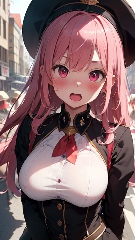 mastute piece,Best Quality,insanely detailed,8k cg,
shoot upper body,
1woman,18age,standing,body in front,looking at viewer,(red marching-band,westpoint-hat),break,
blush,shy,(trembling:1.2),pink hair,break,open mouth,large breast,city,