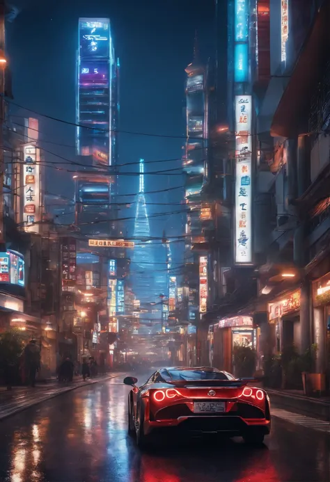 Futuristic style Japanese city。There are several mirrored buildings with vibrant lighting and lots of twinkling lights.、Beautiful image set wallpapers in realistic ultra-high resolution billboard style、There are many realistic buildings with shiny car sign...