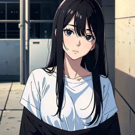 white adult woman / long straight black hair / sleepy black eyes / casual outfit /