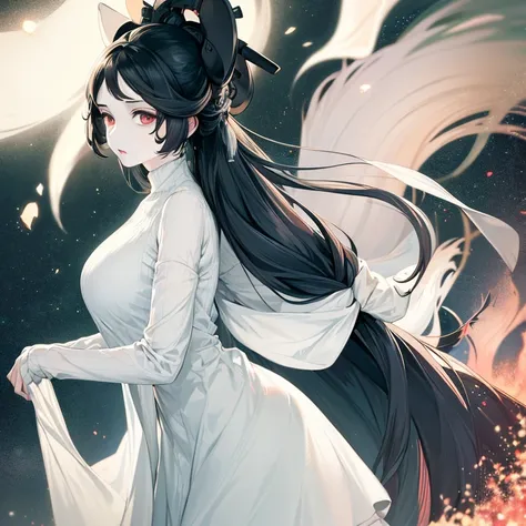 A beautiful woman, with big eyes and pale skin, is engrossed in playing the drums while wearing a long white turtleneck dress. The intricately designed wolf cut framing her face adds to her allure, with black hair cascading down her shoulders.