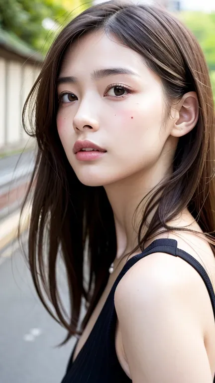 With the alleys of Kyoto in the background、18-year-old girl、independent、Look forward、Light eye makeup、Brown Hair Color、flat 、Hair blowing in the wind、Quality of actress、Shiny, Ultra-realistic faces、smileの表情、Watery eyes、look up、Soothing lighting effects、 Ul...