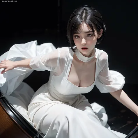 (beautiful woman)、(playing drums)、(big eyes)、(pale skin)、(black short hair)、(wearing a white dress)、(underneath her dress, she is wearing a black turtleneck)

This image showcases a stunning woman as she immerses herself in the rhythm of the drums. Her big...