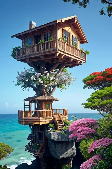 Perfection The Coolest tree house on a large rock in the middle of the sea with flowers in front of the house and trees on both sides of the house
