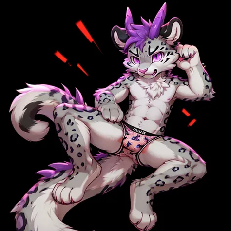 Anthropomorphic male snow leopard, with purple eyes, pink nose, 4 black ears, purple spikes on back, purple horns, with a red third eye, wearing panties, full body view, in a fighting pose, ready to fight, with an angry, black background, digital art, solo...