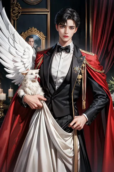 
masterpiece, 最high quality, high quality, 1 boy, alone, Male focus, Watching the audience,  Messy black hair, Adorable big blue eyes, White, Noble, Noble, Beautiful angel、Tuxedo、A tall stand-up collar, very big, very big, very big, long, long, reaching do...