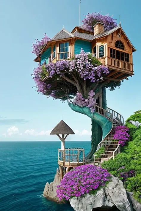 Perfection The Coolest tree house on a large rock in the middle of the sea with flowers in front of the house and trees on both sides of the house
