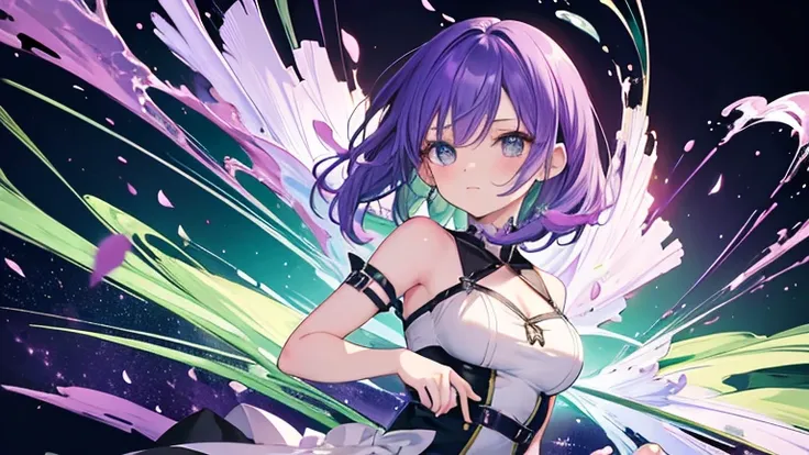 Anime Style,highest quality, masterpiece,Green and purple hair,  iris,Simple Background,One Girl, fluid movement,Classical Retro