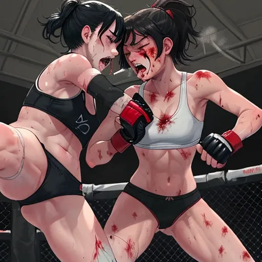 Match in the octagon. Very sweaty. Bloody and covered in wounds. Two female high school fighters fighting by punching. They are wounded and in pain. Out of breath, mouth open, one eye closed, wearing torn and tattered sports bras, high-leg panties, and ope...