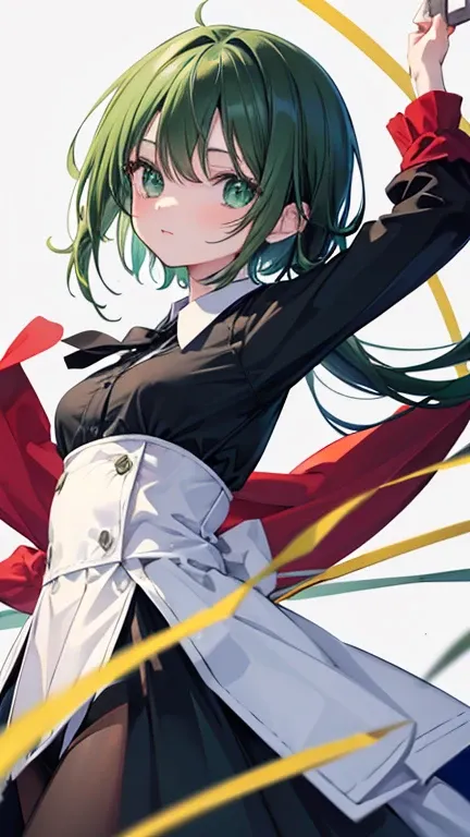 Anime Style,highest quality, masterpiece,Green and black hair,  iris,Simple Background,One Girl, Exciting movement,classical