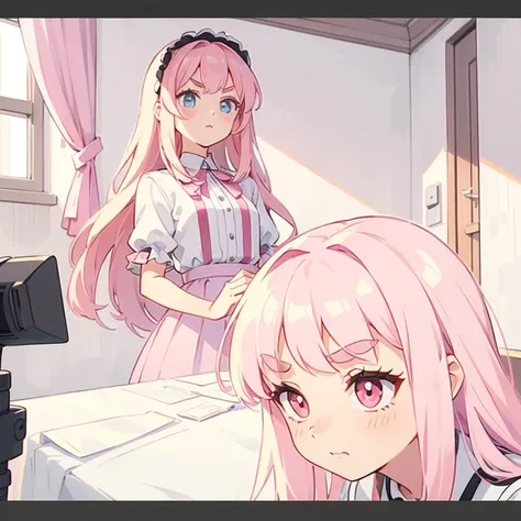 Girls with pink hair, long double-tailed hairstyle, ((small pink bushy eyebrows)), dressed in lolita clothes, marked vagina, lolicon (Zankuro) drawing style by zankuro artist, Zancro style, image uploaded to R34, changing of clothes in a room, looking away...