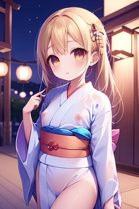 sporty,(8-year-old:1.5),(Younger sister:1.2),Blonde,half nude,nipple visible,(micro yukata:1.3),nipple visible,(Small breasts:1.3),glasses,Clothes are see-through,Spoiled Girl,Long Hair,summer vacation,night festival,