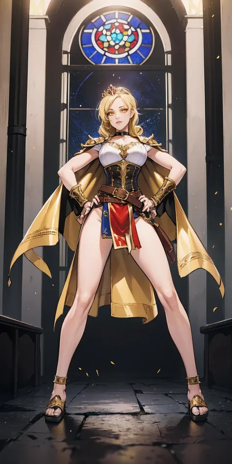 paladin lady in ornate golden armor, black collar, pauldrons, breastplate, corset, glowing halo, single braid, blonde, yellow glowing eyes, bright pupils, eye focus, red cape, temple indoors, stained glass windows, night, moonlight, particles, light beam, ...