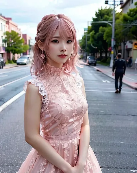 a woman posing on the street corner with Pink Dress on, highest quality, High resolution, 8k, 1peopleの女の子, (Huge breasts), Day, bright, Outdoor, (street:0.8), (people々, crowd:1), (lace trim dress:1.5, Pink clothes:1.5, Pink high neck dress:1.5, Sleeveless ...