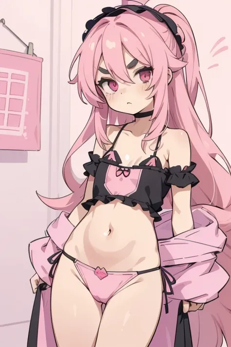 Girls with pink hair, long double-tailed hairstyle, ((small pink bushy eyebrows)), dressed in lolita bikini, ), lolicon (Zankuro) drawing style by zankuro artist, Zancro style, image uploaded to R34, changing of clothes in a room,  flirtatious look,not loo...