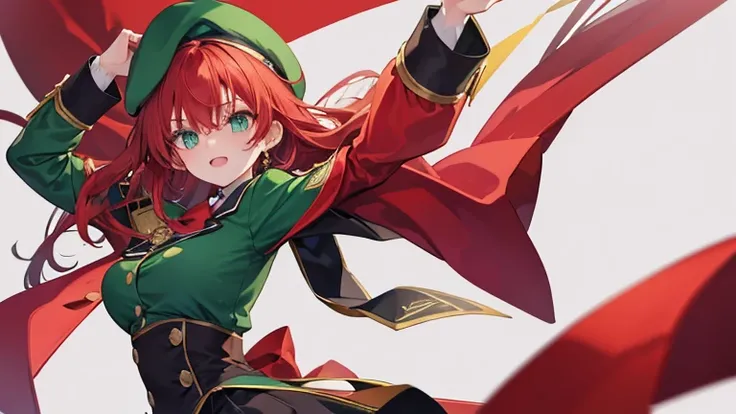 Anime Style,highest quality, masterpiece,Green and red hair,  iris,Simple Background,One Girl, Exciting Moves,beret