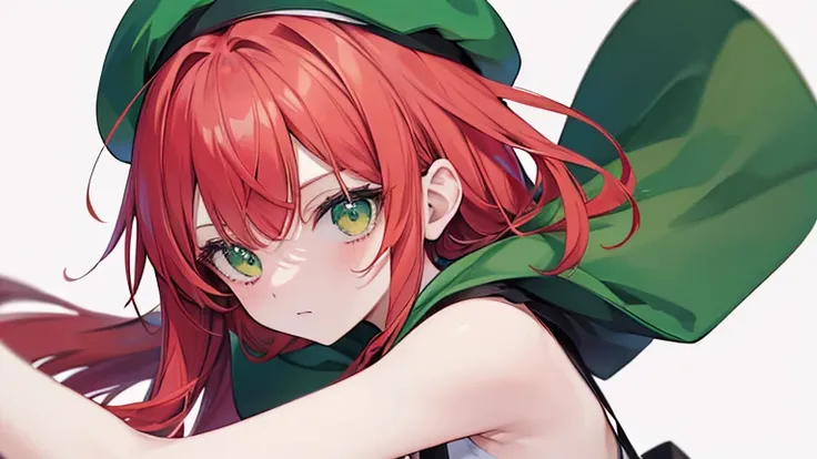 Anime Style,highest quality, masterpiece,Green and red hair,  iris,Simple Background,One Girl, Exciting Moves,beret