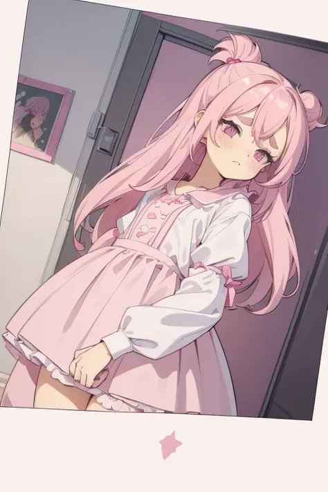 girls with pink hair, long double-tailed hairstyle, ((small pink bushy eyebrows)), dressed in lolita clothes, marked vagina, lol...