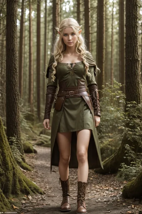 russian girl 18 years old - elf archer in the forest (rpg),blonde curly disheveled hair, delicate features of a thin face, fanta...