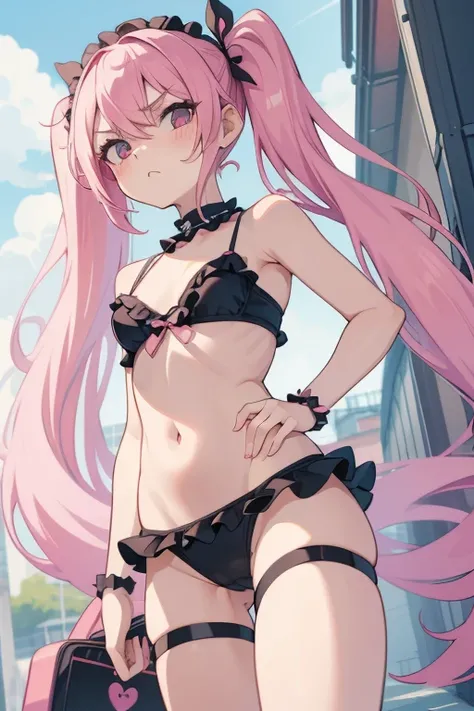 Girl with pink hair, long twintail hairstyle, small bushy eyebrows, wearing gothic lolita swimsuit, lolicon (Zankuro) drawing style by zankuro artist, Zancro style, image uploaded in R34, bikini panties wet with semen in a a street