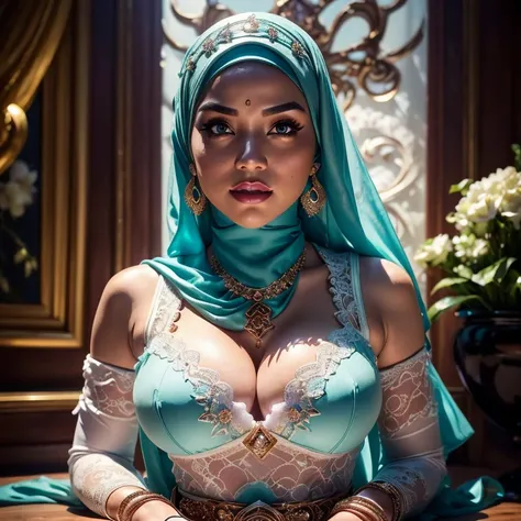 Malaysian girls group,malay, The whole body consists of a young girl with hijab, Eye makeup, 21yo, Cat ears, Soft lighting, Solo, Wear shabby clothes, Dirty, Tattered futuristic bikini, Cats paw badge, Pose, spot color, rendering by octane, Ultra-realistic...