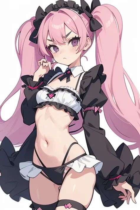 Girl with pink hair, long twintail hairstyle, small bushy eyebrows, wearing gothic lolita swimsuit, lolicon (Zankuro) drawing style by zankuro artist, Zancro style, image uploaded in R34, bikini panties pulled