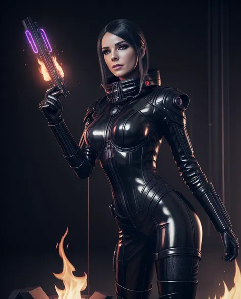 a woman in a black latex outfit with a glowing fire, 3 d render character art 8 k, fantasy style 8 k octane render, cyberpunk art ultrarealistic 8k, dreamy cyberpunk girl, portrait beautiful sci - fi girl, connected with glowing tubes 8 k, art nouveau octa...