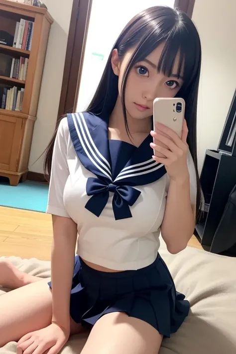 One girl, (alone), (Selfie), (17 years old), Huge breasts:1.4, ((Beautiful anime eyes with great detail)), Realistic Skin, Sailor suit, (Navy blue pleated mini skirt), Slender female leg beauty((Sexual pose:1.5))、