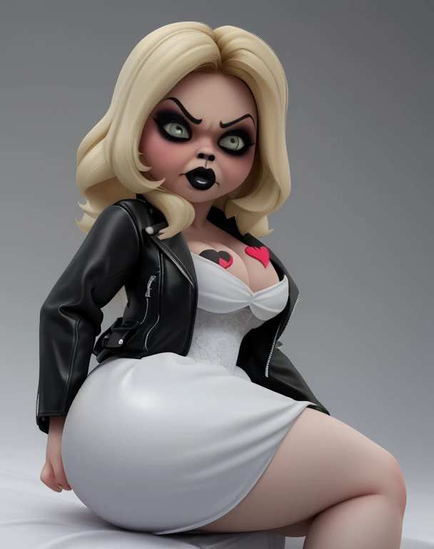  Slightly overweight, angry facial expression, Snobby expression,tiffany, blonde hair, green eyes ,black makeup ,heart tatto ,cleavage ,big breasts ,nice ass, white dress, black leather jacket, Sexy roses 