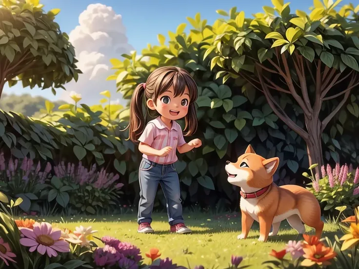 ((a girl playing with a shiba inu)) in a colorful garden,illustration,dreamlike colors,hdr,soft lighting