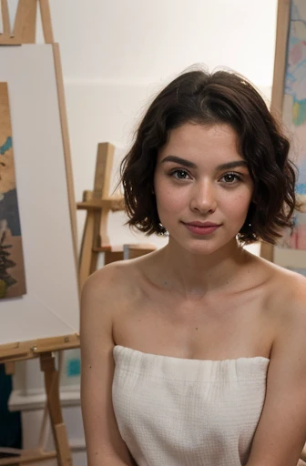 ((best quality)), ((masterpiece)), (detailed), perfect face, woman, 26yo, perfectly symmetrical face, sly smile, short unruly black hair, wearing a towel, sitting in an artist studio, unfinished painting on an easel, overhead skylights, sunset lighting