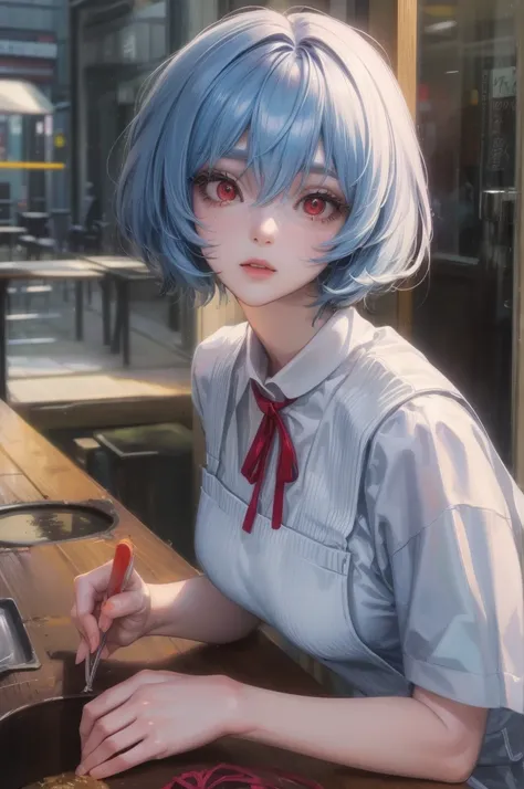 1 GIRL, reiayanami, rei ayanami, blue hair, short hair, (red eyes:1.5), ultra realistic, REALISTIC, Ultra detailed, More detailed, Japan city scenaries, Random scenaries japan, BREAK blue dress, dress, neck ribbon, pinafore dress, red ribbon, ribbon, , sho...