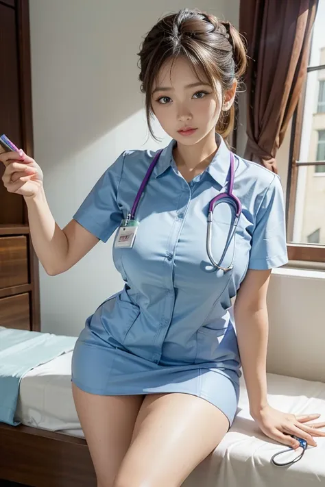 standing、high resolution、nurse、(nurse uniform、stethoscope)、mini skirt、28-year-old woman、huge breasts、looking at the camera、finis...