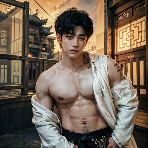 Alafard man shirtless  and white brief carrying a backpack, muscular body, handsome,  manly,  inspirite by Zhang Han, Cai Xukun, Kim Do-young, Inspired by Bian Shoumin, Inspired by Xiao Yuncong, yihao ren, yanjun cheng, jinyiwei, inspired by Huang Gongwang...