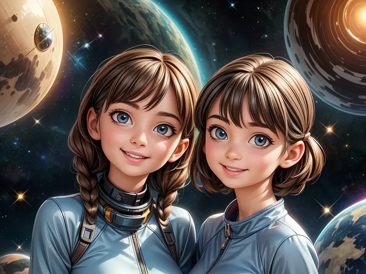 (best quality,4k,8k,highres,masterpiece:1.2),ultra-detailed,(realistic,photorealistic,photo-realistic:1.37),portraits,space,beautiful detailed eyes,beautiful detailed lips,extremely detailed eyes and face,longeyelashes,A girl and a Shiba Inu in space,cosmi...