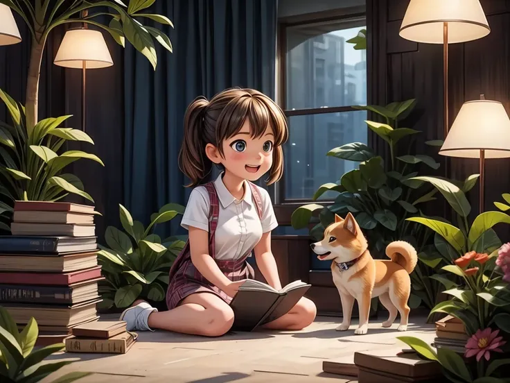 a girl playing with one shiba inu in the cosmos ,illustration,dreamlike colors,hdr,soft lighting