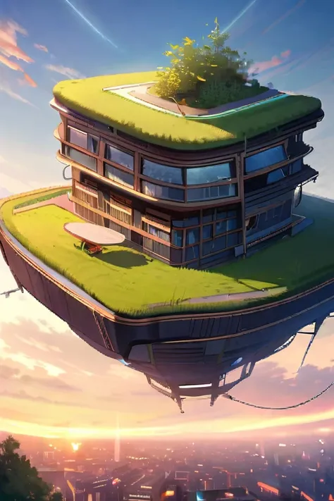 /imagine prompt: A peaceful scene at sunset over a futuristic city, from a childrens novel. The young heroes relax after their adventure, overlooking a city where technology and nature harmoniously coexist, with flying vehicles and green rooftops. Created ...