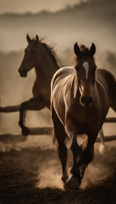 A herd of horses racing in the sky through the clouds through the fog