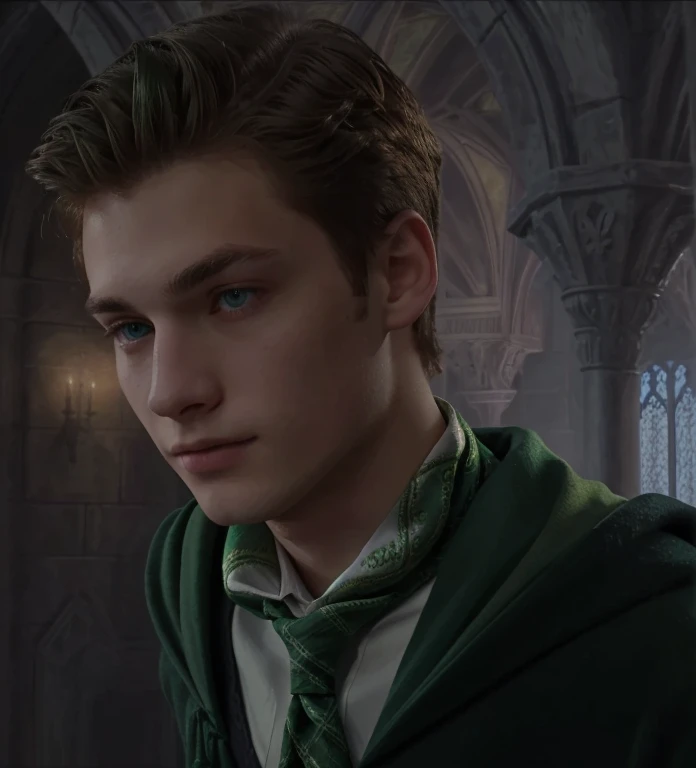 A young man wearing a Slytherin house robe from Harry Potter, is looking into the distance. He has short hair and blue eyes. He is also wearing a green scarf around his neck and a green and gold pin on his lapel. The man appears to be dressed for a special...