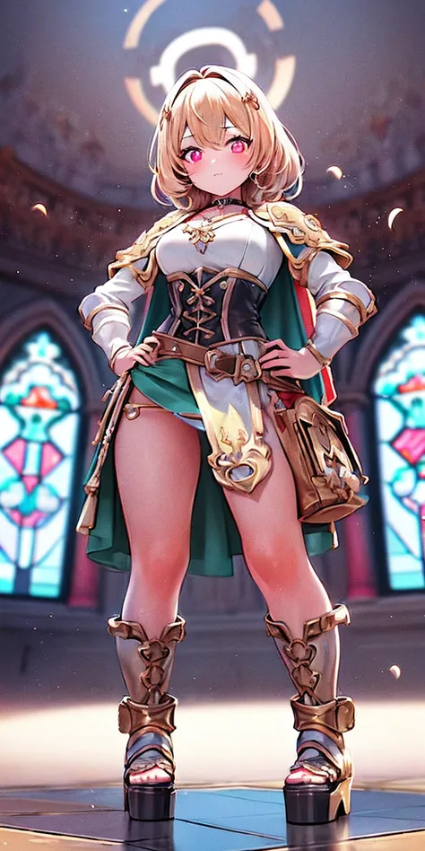 paladin lady in ornate golden armor, black collar, pauldrons, breastplate, corset, glowing halo, single braid, blonde, yellow glowing eyes, bright pupils, eye focus, red cape, temple indoors, stained glass windows, night, moonlight, particles, light beam, ...