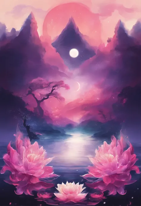 (masterpiece，Real photography，Simple composition：1.5），Mountains，White Cloud，Crane，Sun, Moon and Stars，Popularity，galaxy，night，moonlight over lotus pond，plum bossom，Beautiful artistic conception，Realistic style，Magnificent atmosphere，Staff，