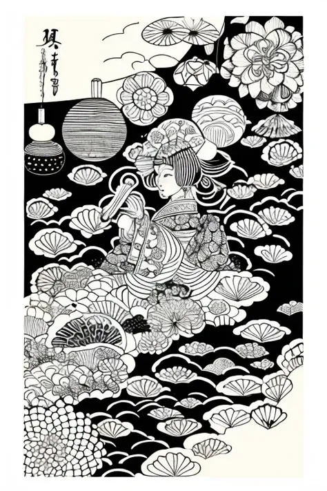 Japanese painting、Ink painting、Japanese traditional patterns、、Adult coloring bookonochrome drawing,Black and White、