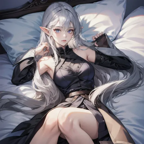 DARK ELF FEMALE, silver long hair, no hands, on bed