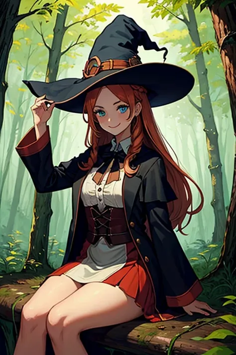 1girl, long copper hair, smiling, witch, forest