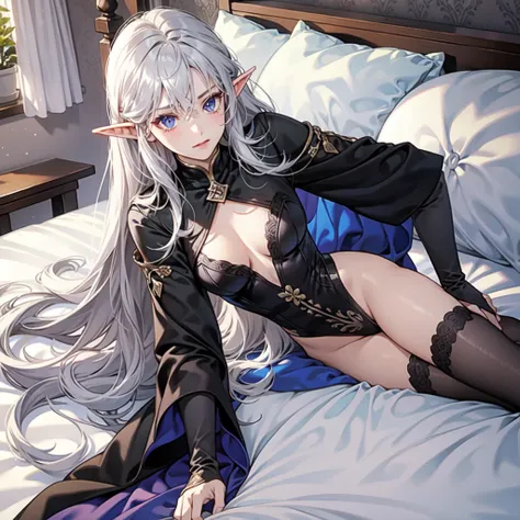 DARK ELF FEMALE, silver long hair, no hands, on bed