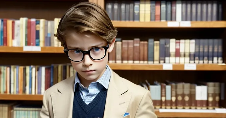 A 12 year old boy with light brown hair blue eyes white skin fine features fine European features in fine elegant clothes firm look sad melancholic serious with discreet glasses in the home library very beautiful boy