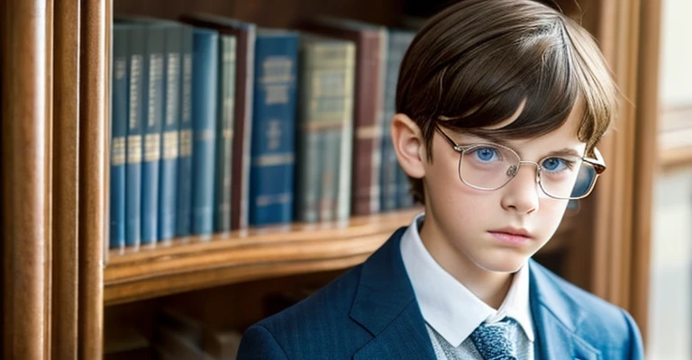 A 12-year-old boy with light brown hair, blue eyes, white skin, fine features, fine European features, with fine clothes, elegant, very formal, firm look, sad, melancholic, serious, with discreet glasses, in the home library, very beautiful boy.