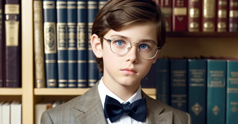 A 12-year-old boy with light brown hair, blue eyes, white skin, fine features, fine European features, with fine clothes, elegant, very formal, firm look, sad, melancholic, serious, with discreet glasses, in the home library, very beautiful boy.