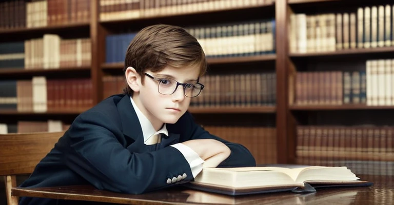 A 12-year-old boy with light brown hair blue eyes white skin fine features fine European features in fine clothes elegant very formal firm look sad melancholic serious with discreet glasses in the library at home very beautiful boy standing next to the des...