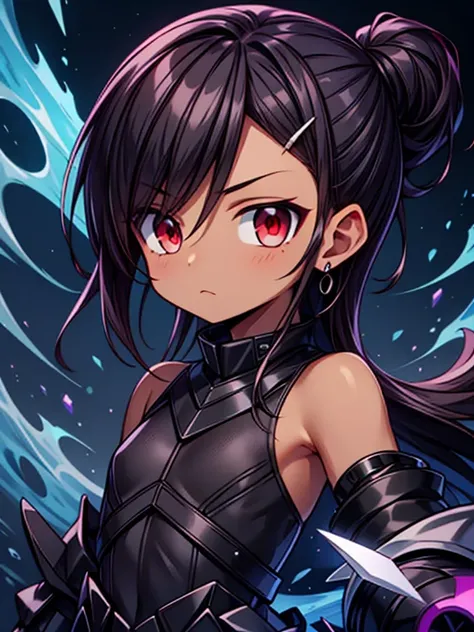 Masterpiece High res, high definition, (((dark skin tone))),dark skin male, dark skin, cute shota,red eyes, black hairpin, brown hair, medium dark brown hair,wearing a black exoskeleton, detached sleeves, black armoured Gauntlets, black tech jacket, black ...