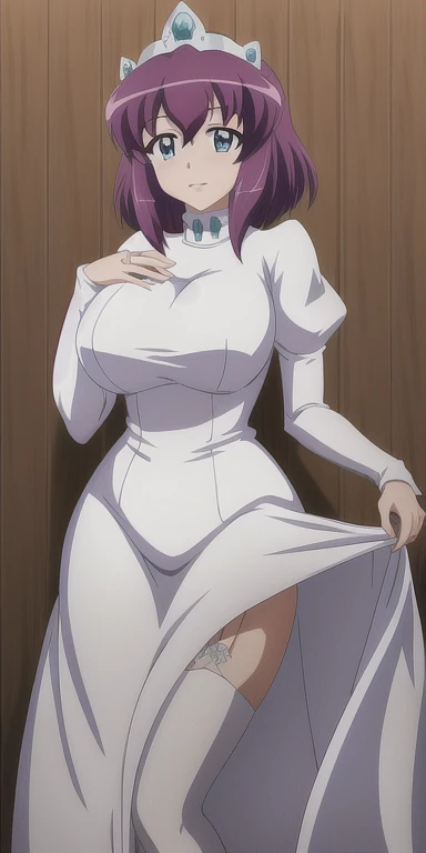 henrietta_of_tristain, huge_chest, are standing, alone, white_turtleneck_dress_white_knee socks_white_garter_strap_tiara, master...